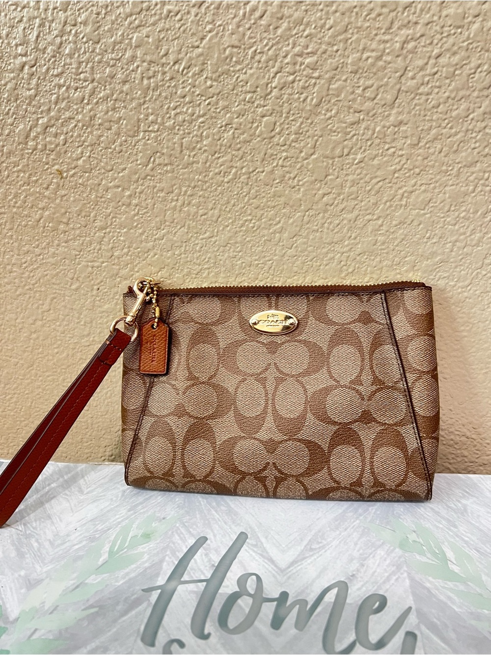 Coach Signature Canvas Corner Zip Wristlet Khaki Saddle Brown Gold